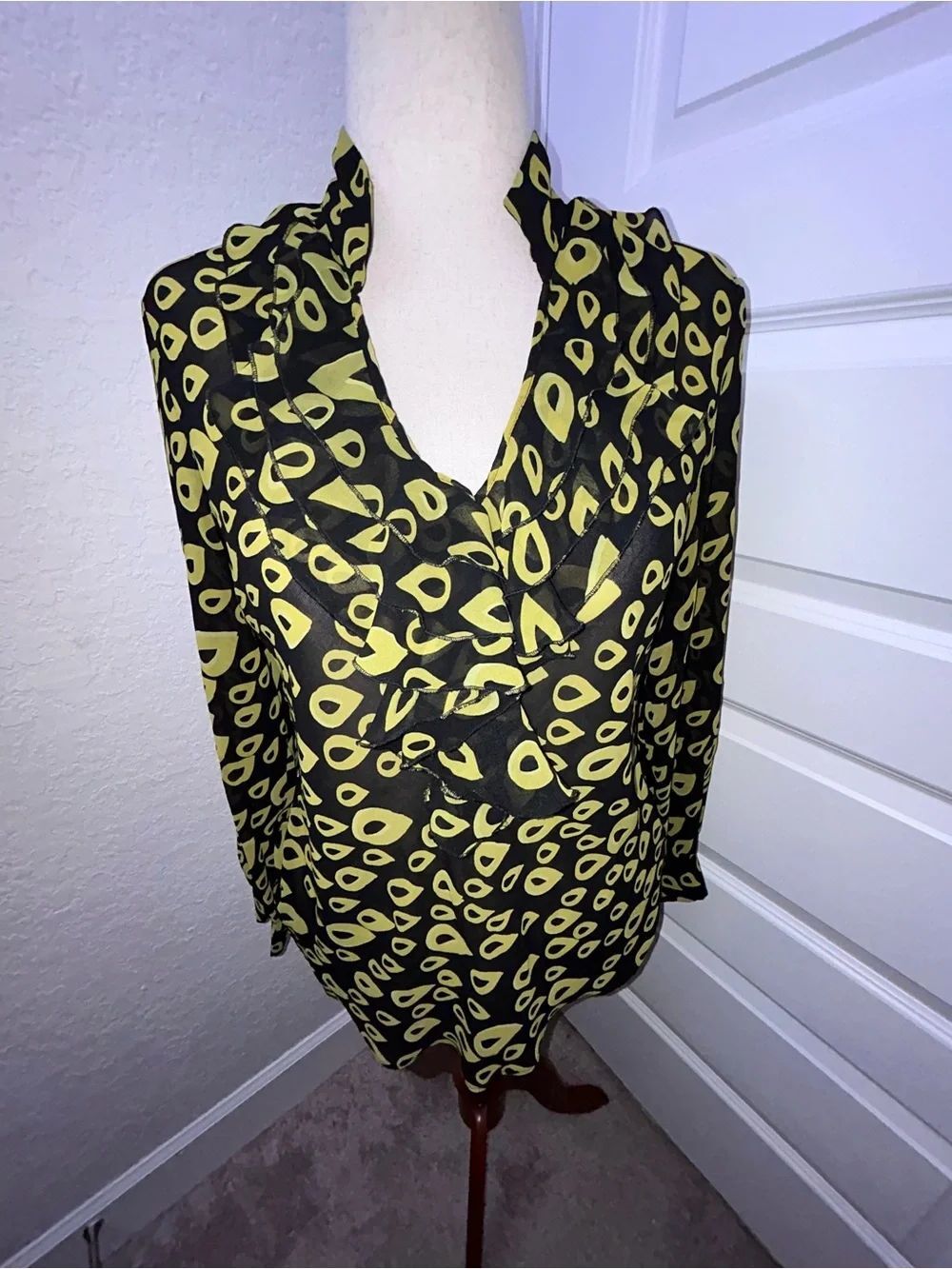 New York & Company Ruffle Bib Long Sleeve Sheer Blouse Shirt Top